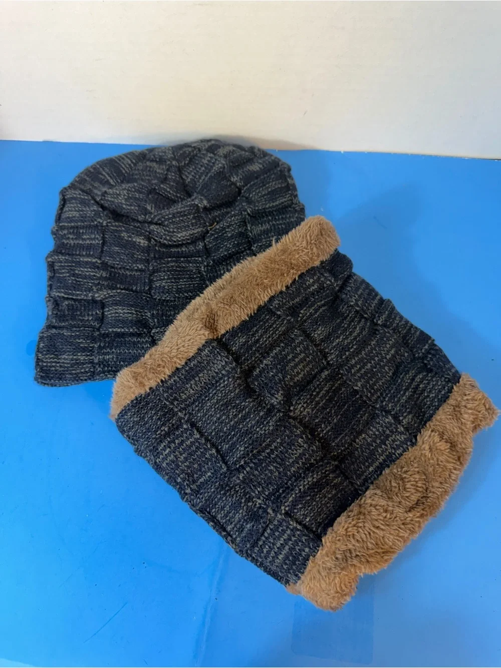 Men's Black Knit Beanie and Neck Warmer Set with Brown Faux Fur Trim